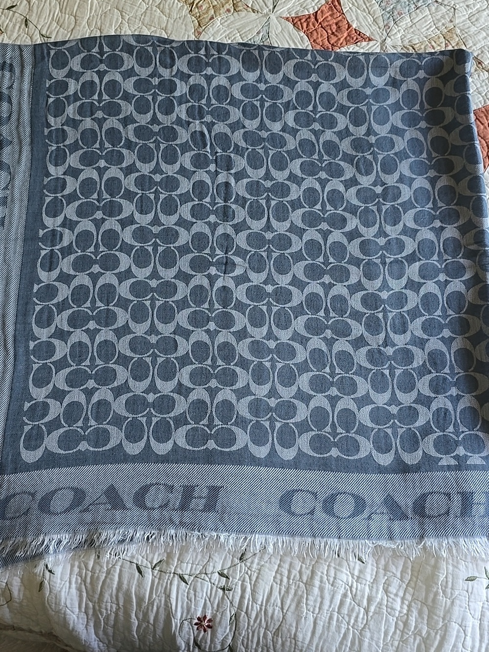 Coach Blue and Cream Signature Logo Fringe Scarf